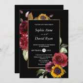 ウォーターカラーブルガンディヒマワリ秋結婚金ゴールド 招待状 (正面/裏面)