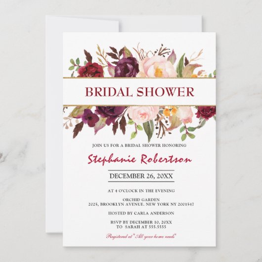 ウォーターカラーブルガンディレッドフローラボホブライダルシャワー 招待状 (正面)