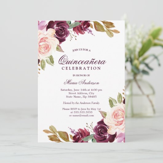 ウォーターカラーブルガンディーベリー赤面キンセアニェラパーティー 招待状 (スタンド正面)