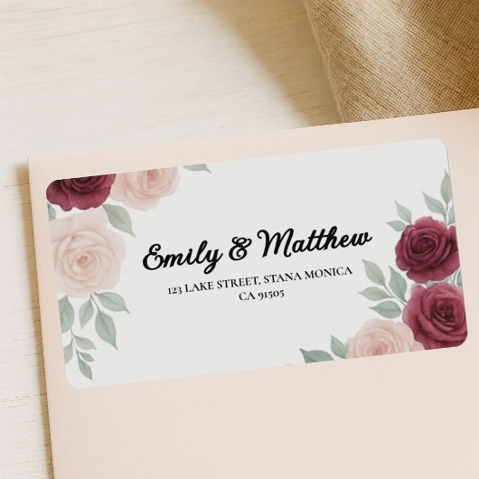 ウォーターカラーブルゴーニュバラ差出人住所ラベル ラベル