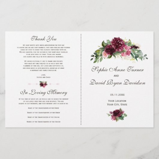 ウォーターカラーブルゴーニュフローラブーケ結婚式 プログラム (正面)