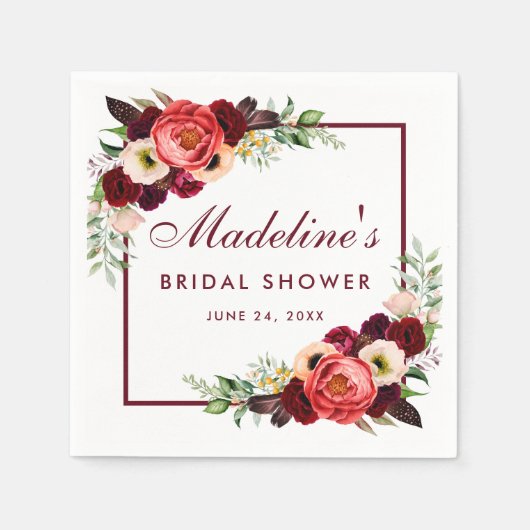 ウォーターカラーブルゴーニュフローラボホブライダルシャワー スタンダードカクテルナプキン (正面)