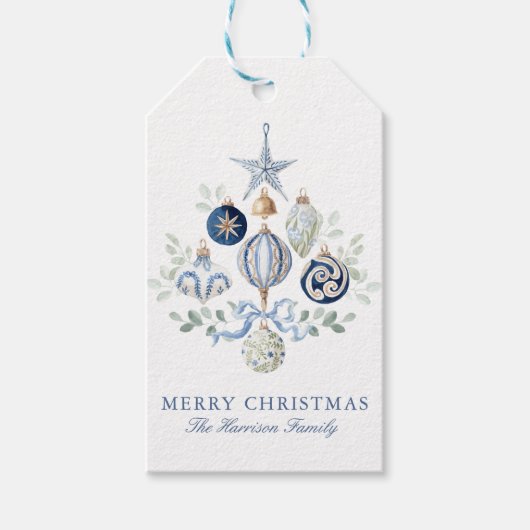 ウォーターカラーブルーのオーナメント クリスマス ギフトタグ (正面)