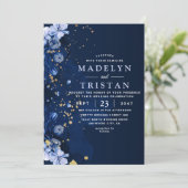 ウォーターカラーブルーのミニマルなルスティックフラワーのウェディング 招待状 (スタンド正面)