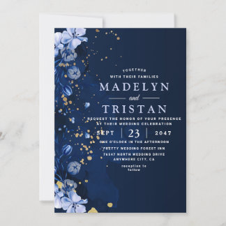 ウォーターカラーブルーのミニマルなルスティックフラワーのウェディング 招待状