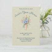 ウォーターカラーブルーの花のクロスイースターオープンハウス 招待状 (スタンド正面)