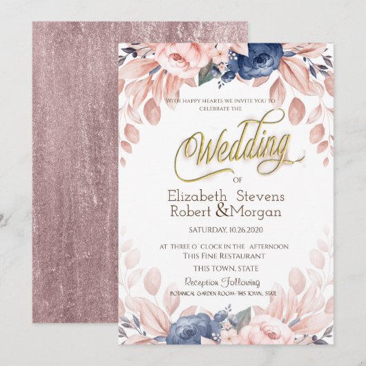 ウォーターカラーブルーの花の結婚式 招待状 (正面/裏面)
