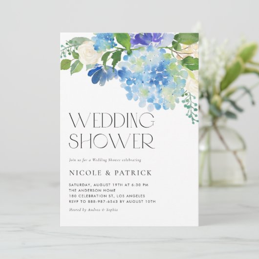 ウォーターカラーブルーアジサイフローラウェディングシャワー 招待状 (スタンド正面)