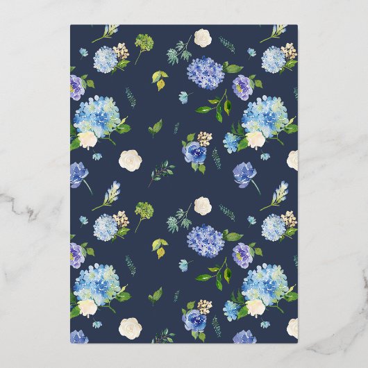 ウォーターカラーブルーアジサイフローラウェディングシャワー 箔招待状 (裏面)