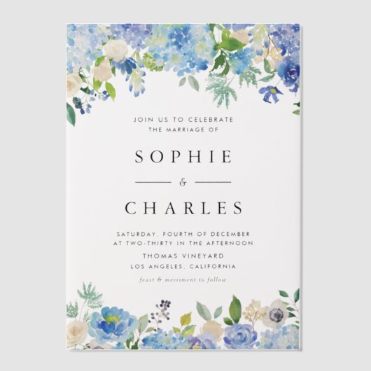 ウォーターカラーブルーアジサイフローラガーランド結婚ズ ベラム紙招待状 (正面)