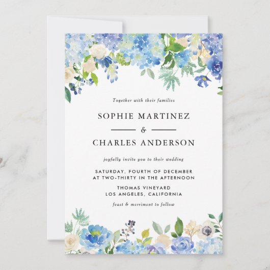 ウォーターカラーブルーアジサイフローラガーランド結婚ズ 招待状 (正面)