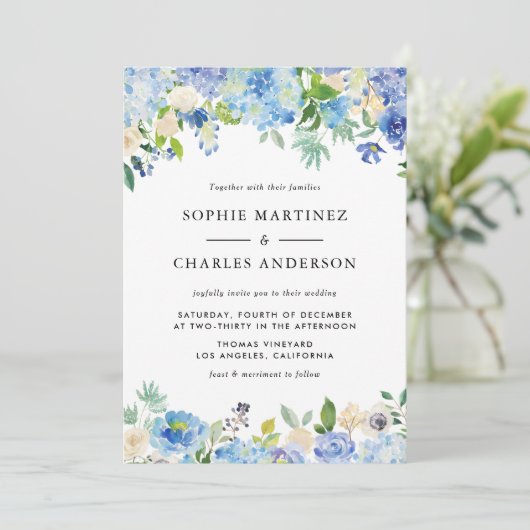 ウォーターカラーブルーアジサイフローラガーランド結婚ズ 招待状 (スタンド正面)