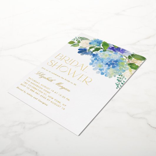 ウォーターカラーブルーアジサイフローラブライダルシャワー 箔招待状 (回転した状態)