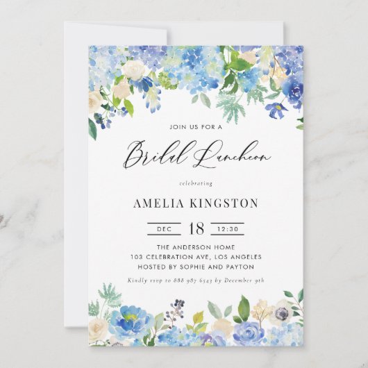ウォーターカラーブルーアジサイフローラブライダルルンチョン 招待状 (正面)
