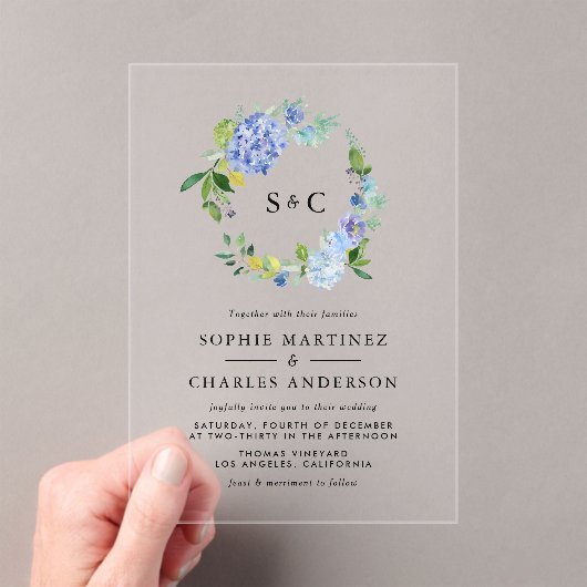 ウォーターカラーブルーアジサイリース結婚ズ アクリル招待状 (インサイチュ (ポータブル))