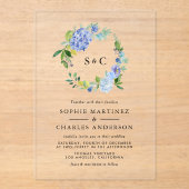 ウォーターカラーブルーアジサイリース結婚ズ アクリル招待状 (正面)