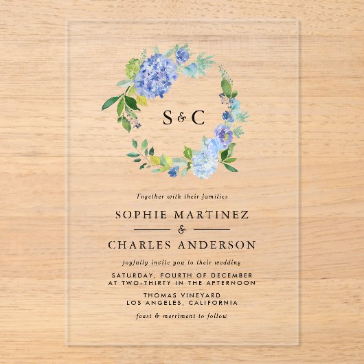 ウォーターカラーブルーアジサイリース結婚ズ アクリル招待状 (正面)