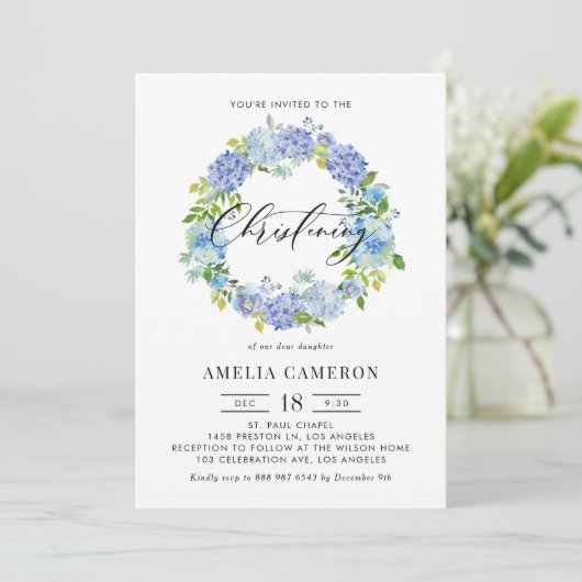 ウォーターカラーブルーアジサイリース《キリスト教》洗礼式や命名式 招待状 (スタンド正面)