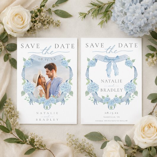 ウォーターカラーブルーアジサイ写真Save the Date 招待状