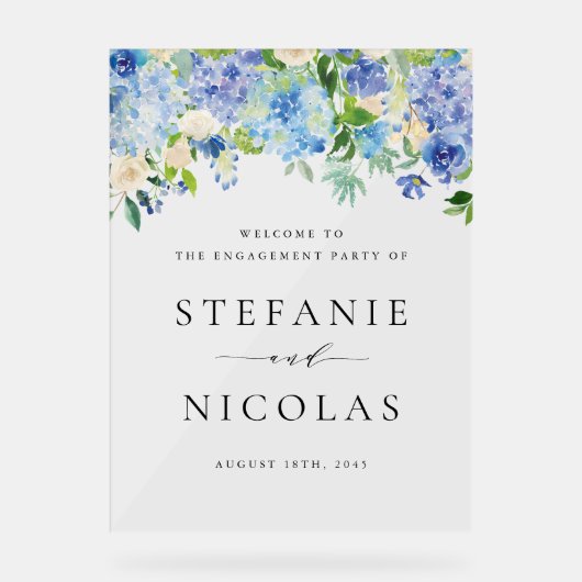 ウォーターカラーブルーアジサイ婚約パーティ アクリルサイン (正面)
