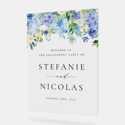 ウォーターカラーブルーアジサイ婚約パーティ アクリルサイン (傾斜)