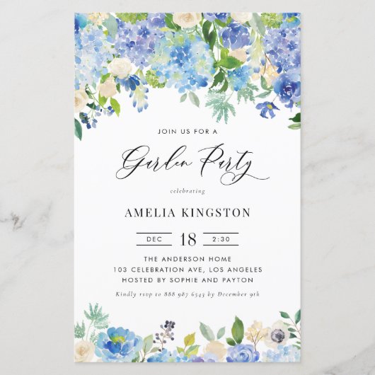 ウォーターカラーブルーアジダージアガーデンパーティの招待状 (正面)