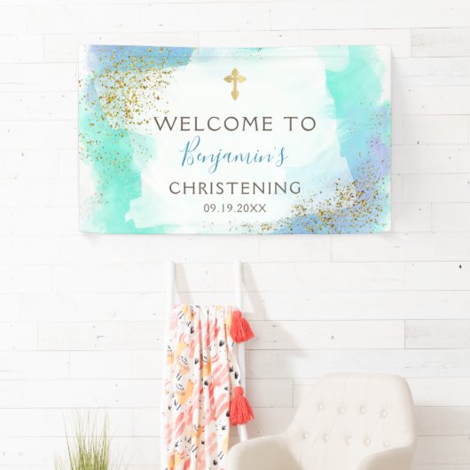 ウォーターカラーブルーアンド金ゴールド《キリスト教》洗礼式や命名式ウェルカム  横断幕 (インサイチュ)