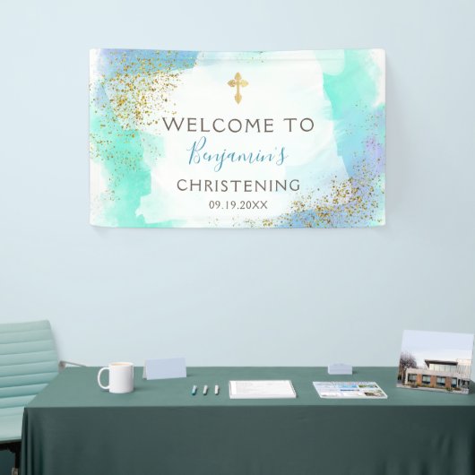 ウォーターカラーブルーアンド金ゴールド《キリスト教》洗礼式や命名式ウェルカム  横断幕 (トレードショー)