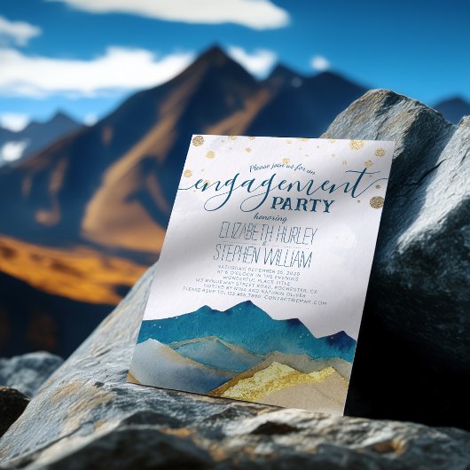 ウォーターカラーブルーゴールデンマウンテンズ婚約パーティ 招待状