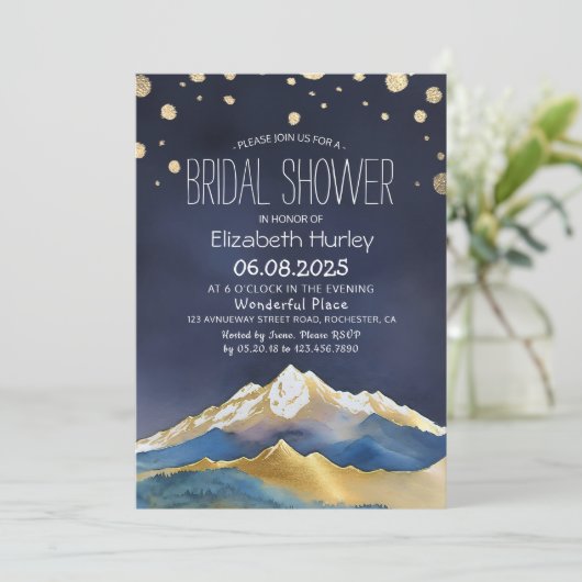 ウォーターカラーブルーゴールドフォイルズマウンテンズブライダルシャワー 招待状 (スタンド正面)