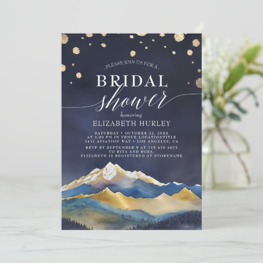 ウォーターカラーブルーゴールドフォイルズマウンテンズブライダルシャワー 招待状 (スタンド正面)