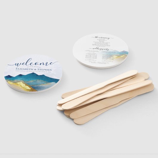 ウォーターカラーブルーゴールドフォイルマウンテン結婚式 プログラム ハンドファン (組立なし)