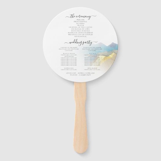 ウォーターカラーブルーゴールドフォイルマウンテン結婚式 プログラム ハンドファン (裏面)