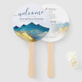 ウォーターカラーブルーゴールドフォイルマウンテン結婚式 プログラム ハンドファン (正面&裏面)