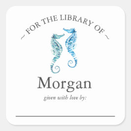 ウォーターカラーブルーシーホース蔵書票 スクエアシール