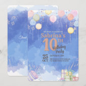 ウォーターカラーブルースカーバルーン誕生日招待状 招待状 (正面/裏面)