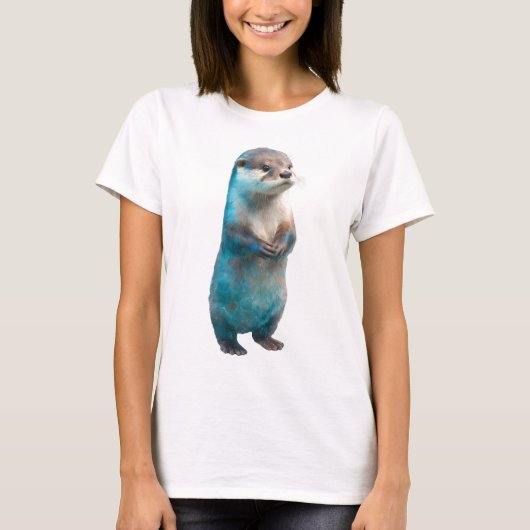 ウォーターカラーブルースプラッシュの立つカワウソの女性 Tシャツ (正面)