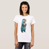 ウォーターカラーブルースプラッシュの立つカワウソの女性 Tシャツ (正面フル)