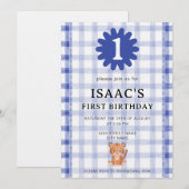 ウォーターカラーブルーチェックタイガー 誕生日招待状 招待状 (正面/裏面)