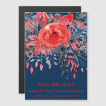 ウォーターカラーブルーデニムと赤いバラのSave the Date