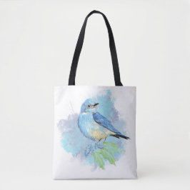 ウォーターカラーブルーバード かわいい青い庭の鳥のアート トートバッグ