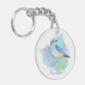 ウォーターカラーブルーバード かわいい青い庭の鳥の芸術 キーホルダー (正面左)