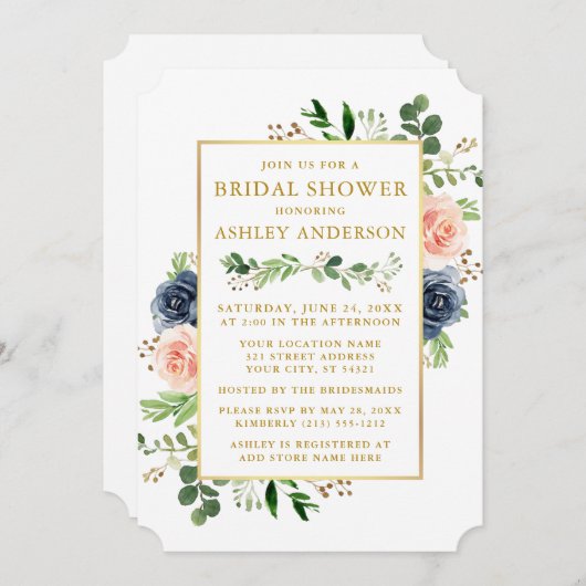 ウォーターカラーブルーピンクローゼス金ゴールドブライダルシャワー 招待状 (正面/裏面)