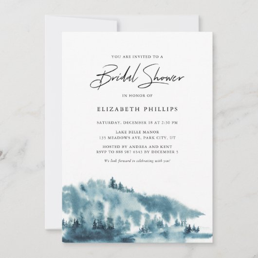 ウォーターカラーブルーフォレストウィンターブライダルシャワー 招待状 (正面)
