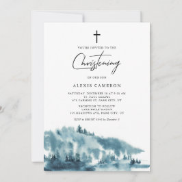 ウォーターカラーブルーフォレストウィンター《キリスト教》洗礼式や命名式 招待状