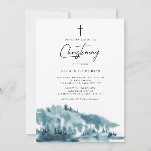 ウォーターカラーブルーフォレストウィンター《キリスト教》洗礼式や命名式 招待状 (正面)