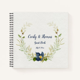 ウォーターカラーブルーフラワーズドンズオーク葉ズゲスト ノートブック