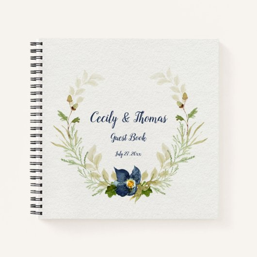 ウォーターカラーブルーフラワーズドンズオーク葉ズゲスト ノートブック (正面)