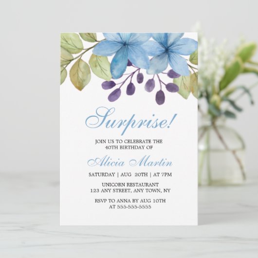 ウォーターカラーブルーフローラニーエイジサプライズ誕生日 招待状 (スタンド正面)