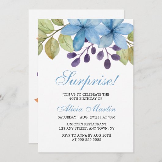 ウォーターカラーブルーフローラニーエイジサプライズ誕生日 招待状 (正面/裏面)